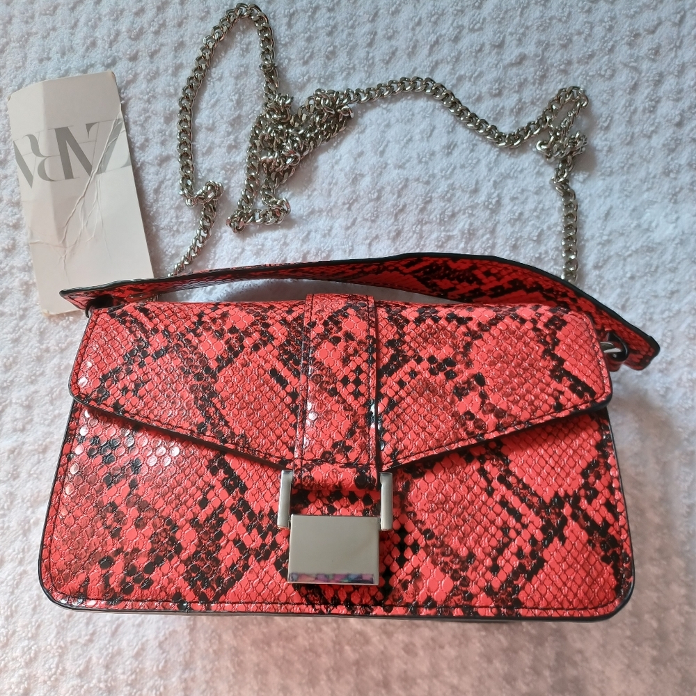 Zara Red Snakeskin Print Crossbody Bag Silver Chain Strap Mini City Bag*New-tag